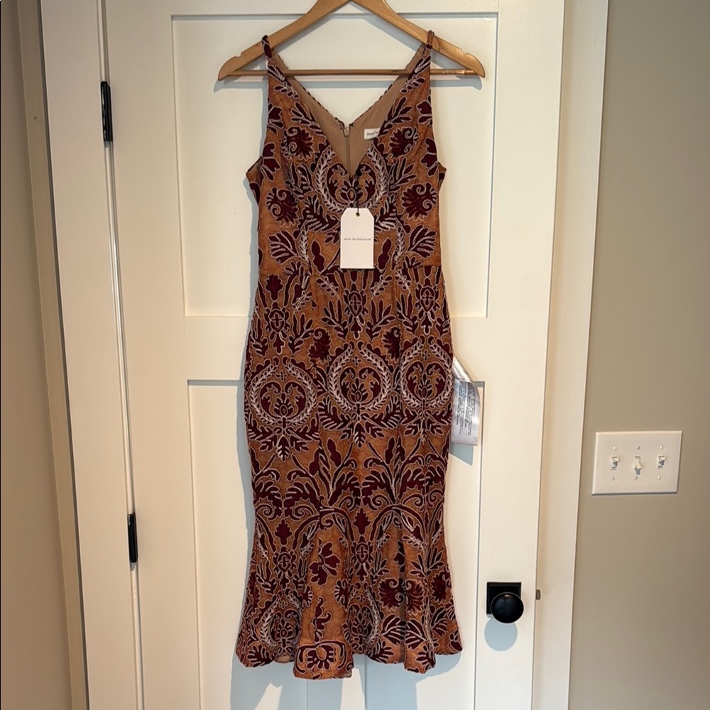 Dress the Population Ruffled Tiered Sheath Midi in Brown and Black